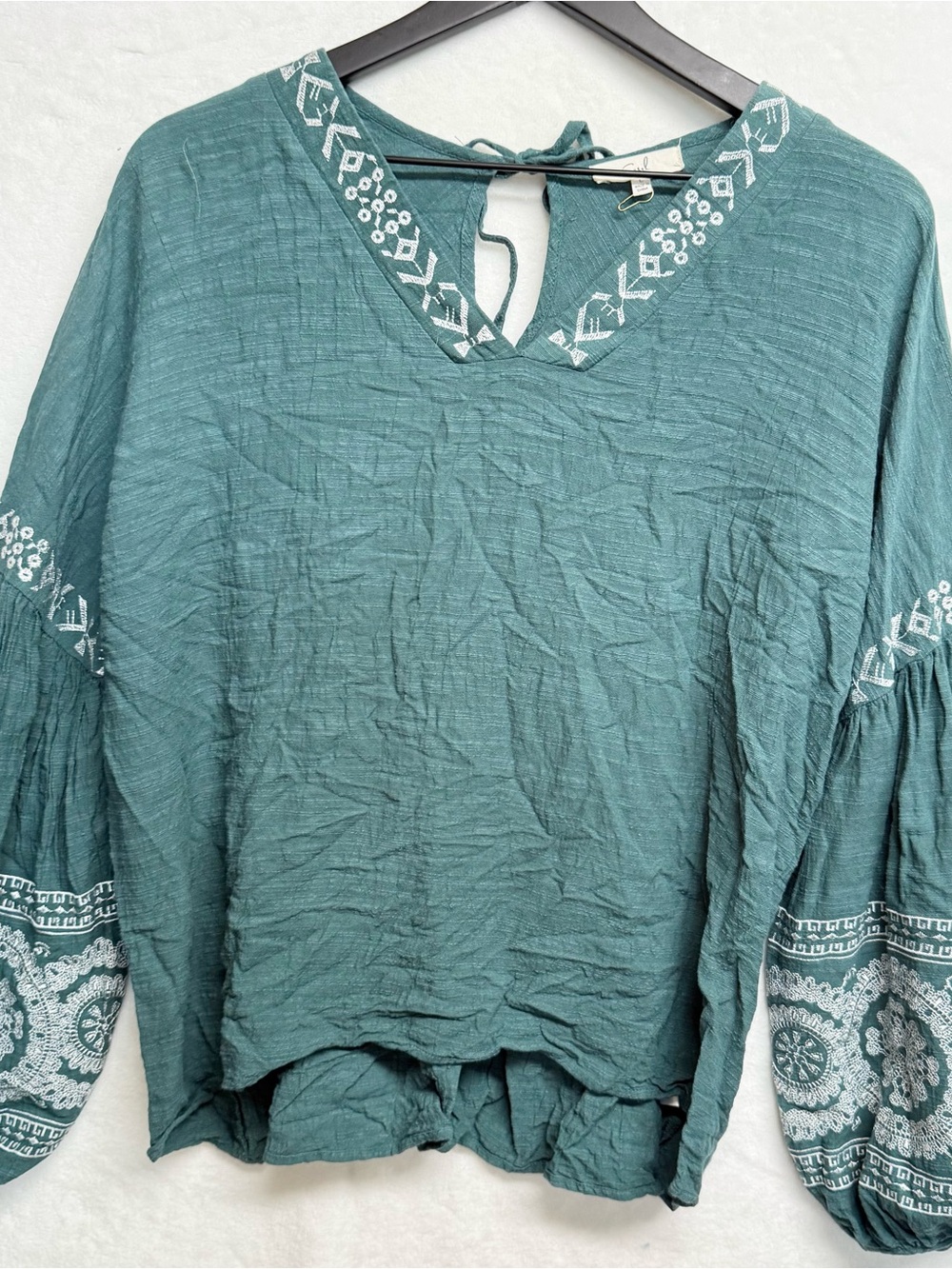 easel Teal Green Embroidered V-Neck Boho Blouse